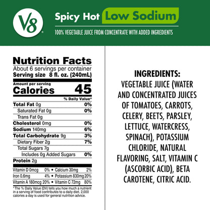 V8 Low Sodium Spicy Hot 100% Vegetable Juice, 46 fl oz Bottle (Pack of 6)