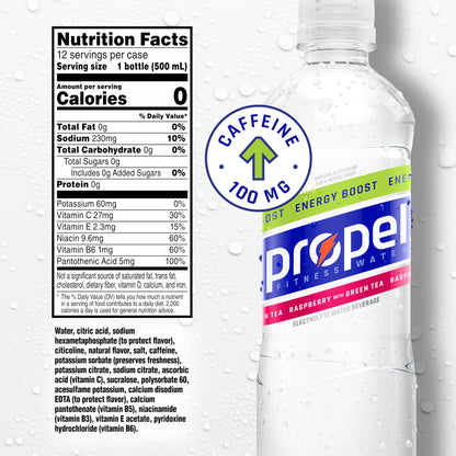 Propel Energy Boost Zero Calorie Flavored Water With Electrolytes and Caffeine, Raspberry Green Tea, 16.9 fl oz Bottles (12 Pack)