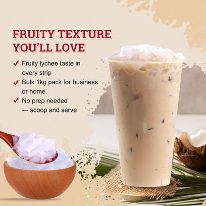 52USA Lychee Flavored Coconut Jelly 1kg (2.2 lbs) Topping for Desserts and Boba Tea, Premium Coconut Gel Strip for Smoothies and Drink