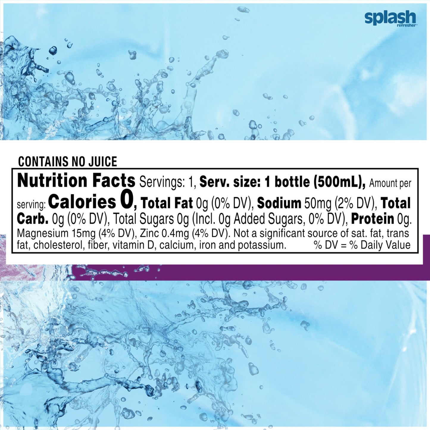 Splash Refresher Acai Grape Flavored Water, 16.9 Fl Oz, Plastic Bottle Pack of 18
