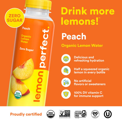 Lemon Perfect Peach, Hydrating Flavored Lemon Water, Zero Sugar, Delicious and Refreshing, Organic, 15.2 fl oz Bottles (1-Pack)