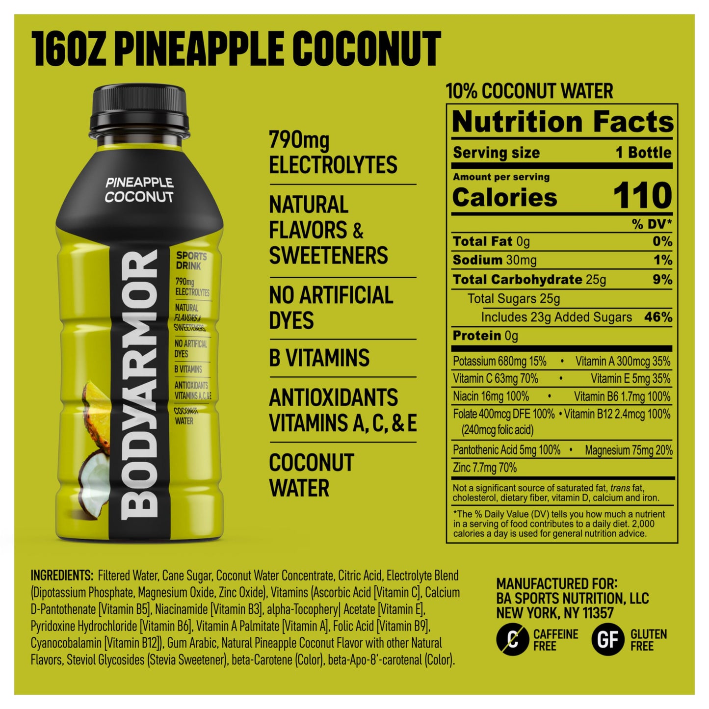 BODYARMOR Sports Drink Sports Beverage, Pineapple Coconut, Coconut Water Hydration, Natural Flavors With Vitamins, Potassium-Packed Electrolytes, Perfect For Athletes, 16 Fl Oz (Pack of 12)