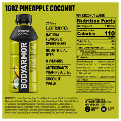 BODYARMOR Sports Drink Sports Beverage, Pineapple Coconut, Coconut Water Hydration, Natural Flavors With Vitamins, Potassium-Packed Electrolytes, Perfect For Athletes, 16 Fl Oz (Pack of 12)