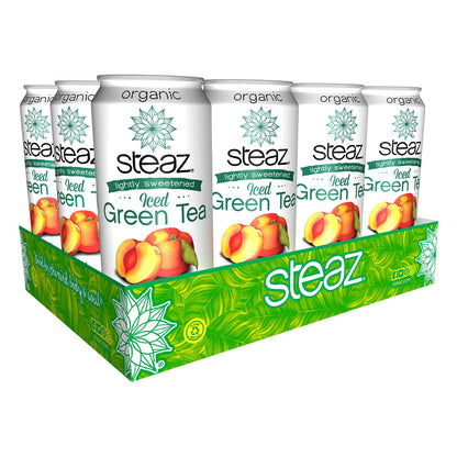 Steaz Organic Iced Green Tea, Peach Lightly Sweetened, 16 oz (Pack of 12)