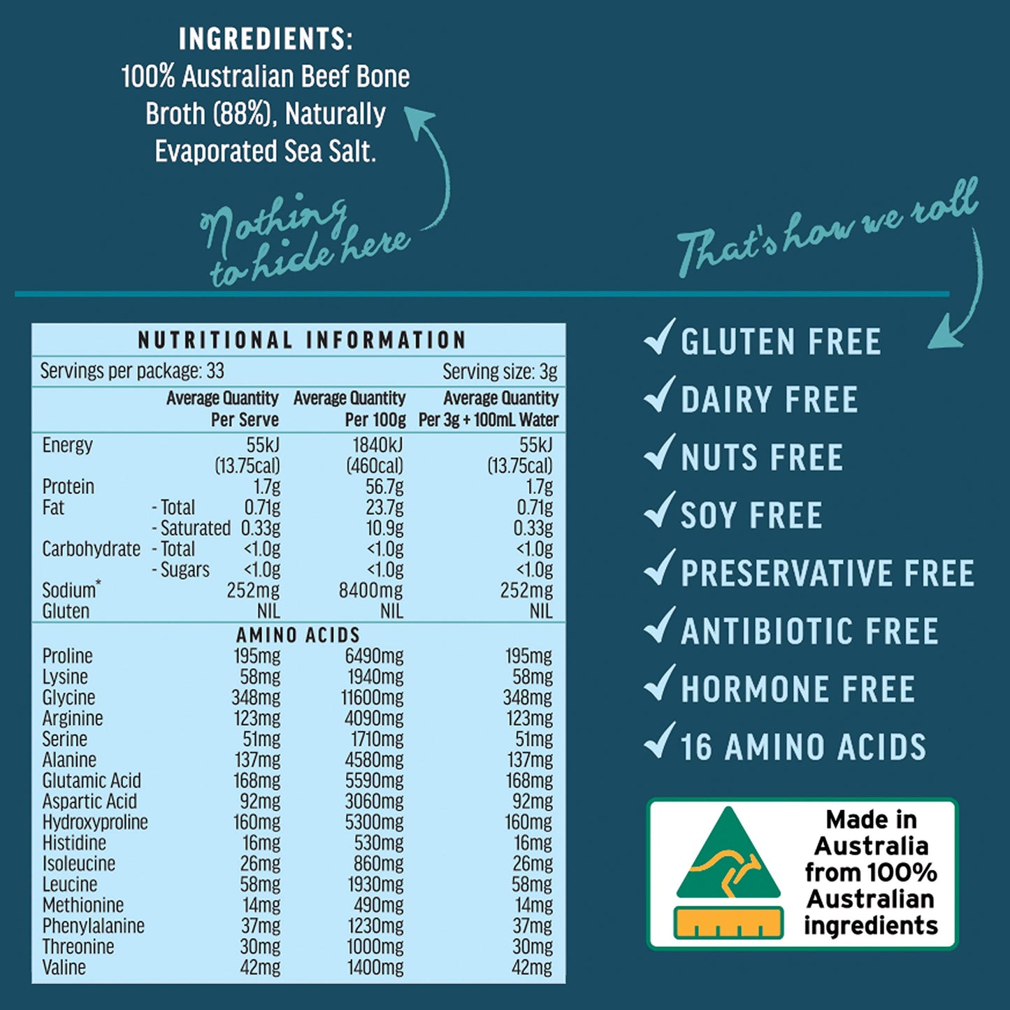 ABBCo 100% Australian Beef Bone Broth Concentrated Freeze-Dried Powder - Bone Broth Protein Powder, Natural Beef Flavor, Gluten and Dairy Free, Zero Carb and Sugar