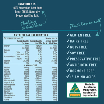 ABBCo 100% Australian Beef Bone Broth Concentrated Freeze-Dried Powder - Bone Broth Protein Powder, Natural Beef Flavor, Gluten and Dairy Free, Zero Carb and Sugar