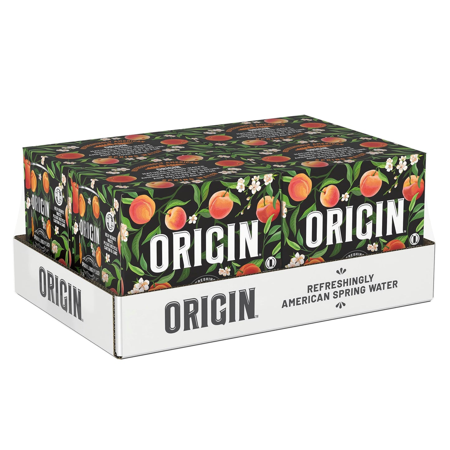 ORIGIN Organic & Non-GMO Peach Flavor Sparkling Water, 12 Fl Oz, Recyclable Aluminum Cans (24 Count)