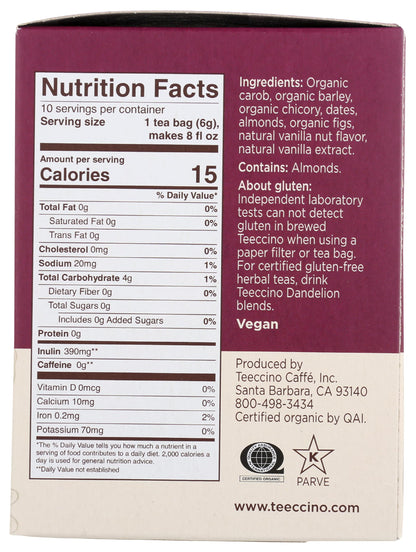 Teeccino Vanilla Nut Herbal Tea - Rich & Roasted Herbal Tea That’s Caffeine Free & Prebiotic For Natural Energy, 10 Tea Bags