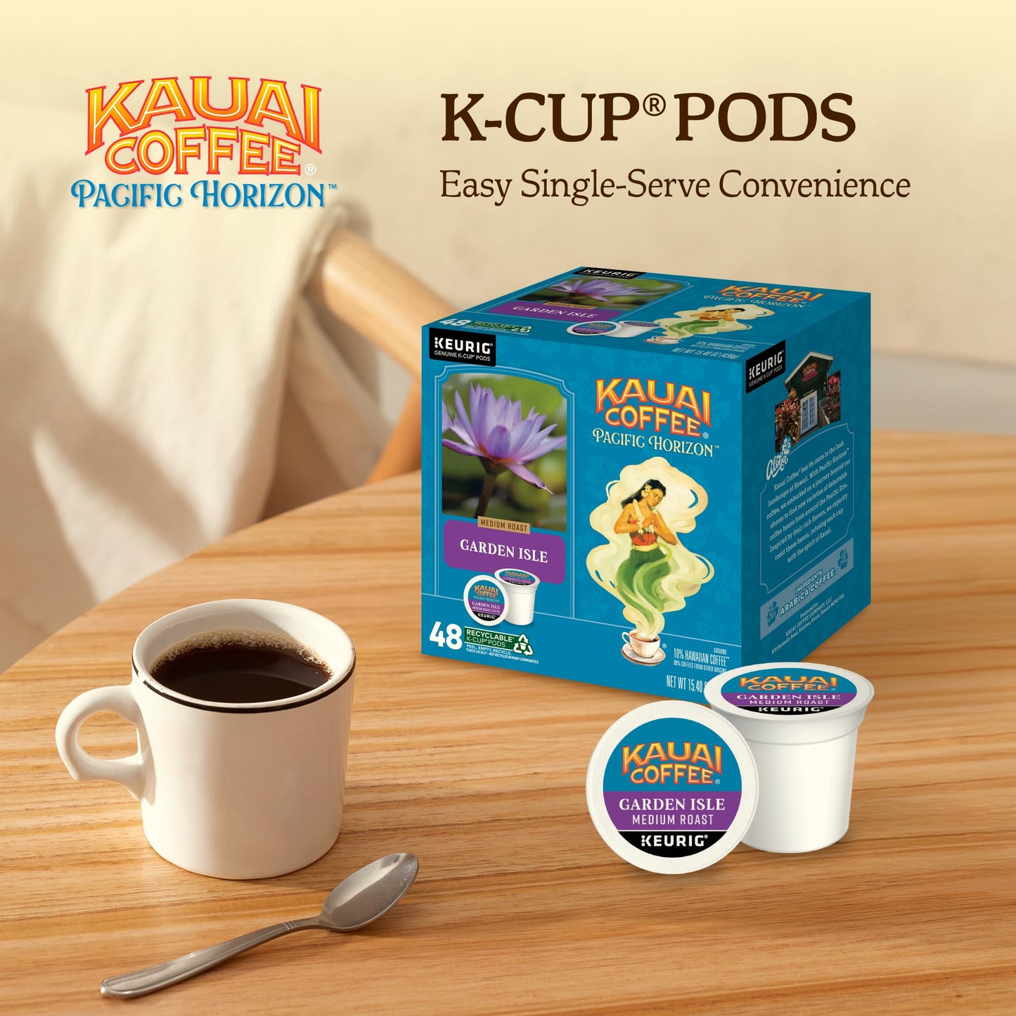 Kauai Coffee K-Cup Pods for Keurig Brewers – Arabica Coffee, 10% Hawaiian – Medium Roast, Bright Aroma With Light Floral Notes – Garden Isle, 1 Pack of 48 Single Serve K-Cups