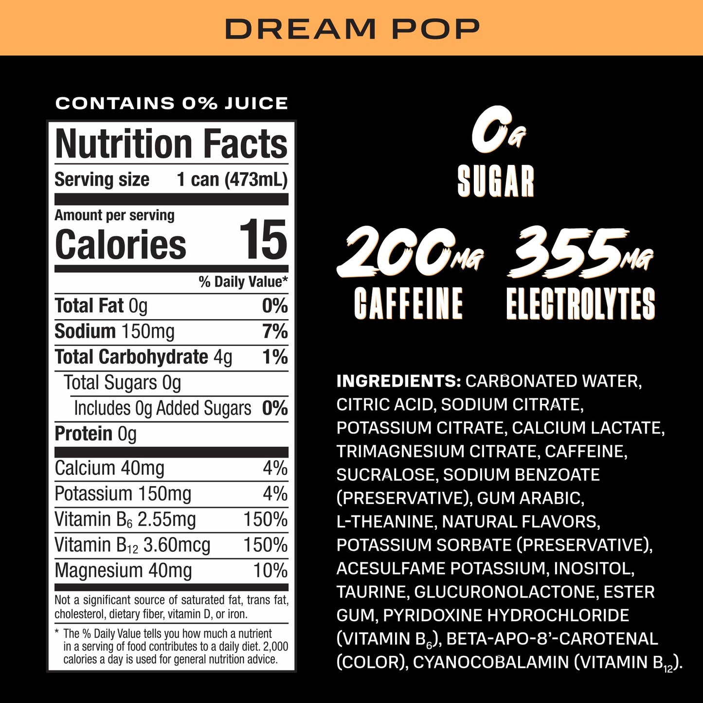 PRIME Energy DREAMPOP, Sugar Free Energy Drink, 200mg Caffeine and 355mg of Electrolytes for Hydration, Low Calorie, Vegan, Gluten Free, 16 Fluid Ounce Can