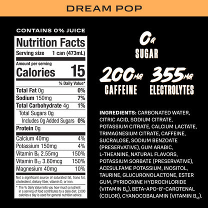 PRIME Energy DREAMPOP, Sugar Free Energy Drink, 200mg Caffeine and 355mg of Electrolytes for Hydration, Low Calorie, Vegan, Gluten Free, 16 Fluid Ounce Can