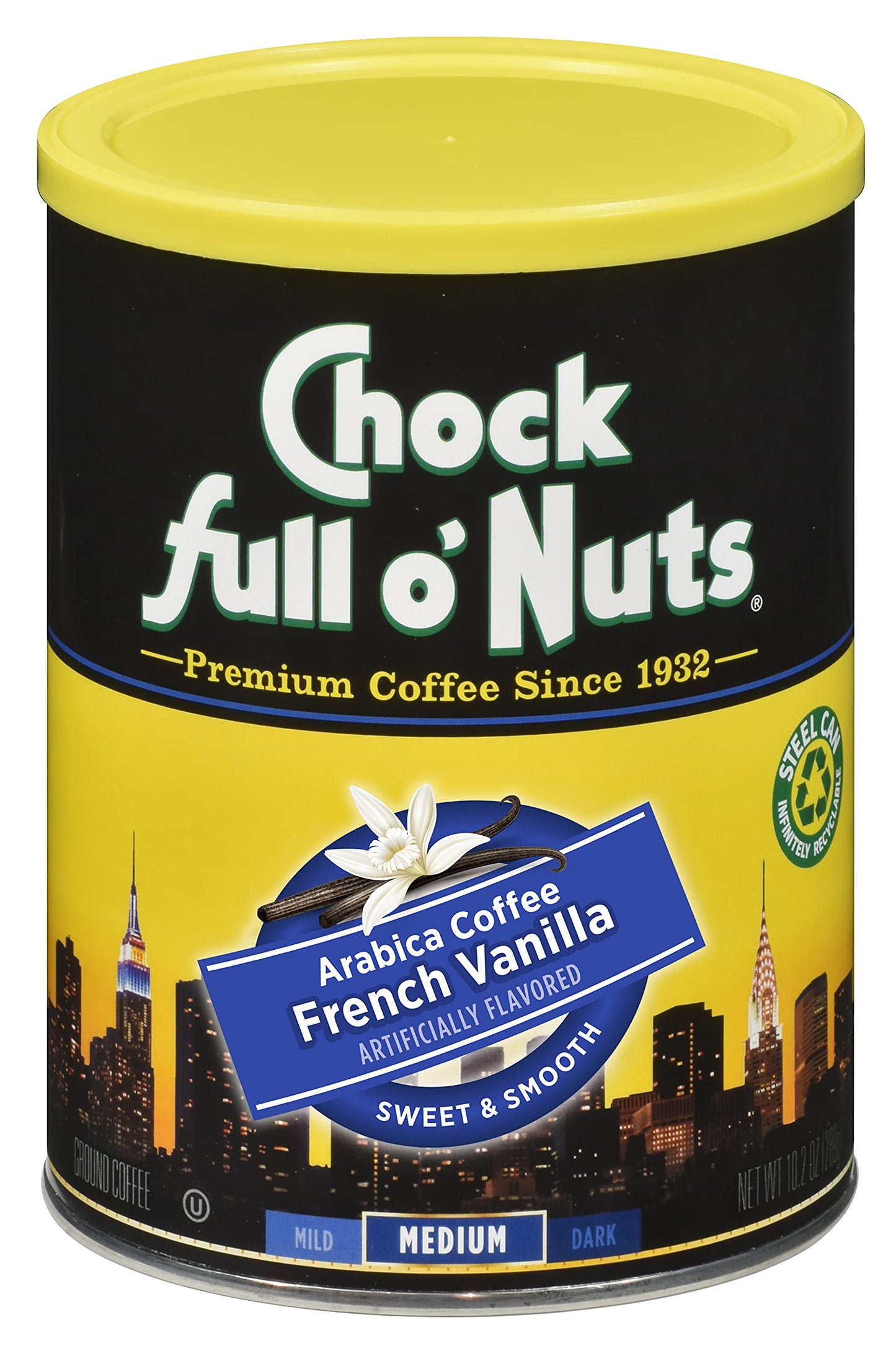 Chock Full o' Nuts French Vanilla Ground Coffee – Premium Beans in Recyclable Steel Can – Rich Flavor & Aroma, Medium Roast – Perfect for Drip, Pour-Over, Percolator – 10.2 Oz Can