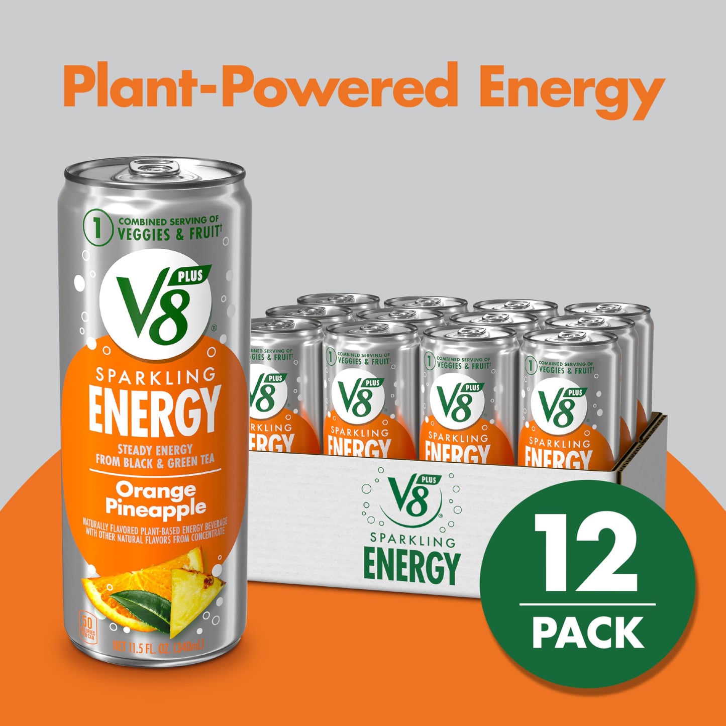 V8 +Energy Sparkling Orange Pineapple Juice Energy Drink, 11.5 fl oz Can (12 Pack)