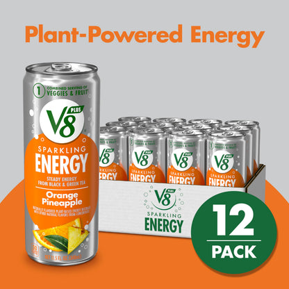 V8 +Energy Sparkling Orange Pineapple Juice Energy Drink, 11.5 fl oz Can (12 Pack)