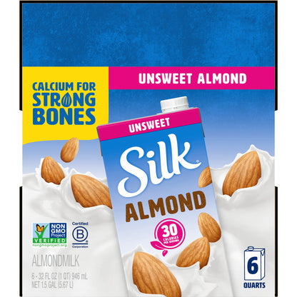 Silk Shelf-Stable Almond Milk, Unsweetened, Dairy-Free, Vegan, Non-GMO Project Verified, 1 Quart (Pack of 6)