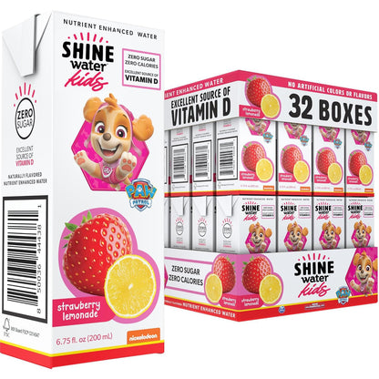 Shine Water x Paw Patrol Strawberry Lemonade Kids Juice Boxes with Vitamin D 32-Pack | No Added Sugar | Naturally Flavored Drinks for Kids | Vegan, Gluten Free, Zero Calorie Hydration