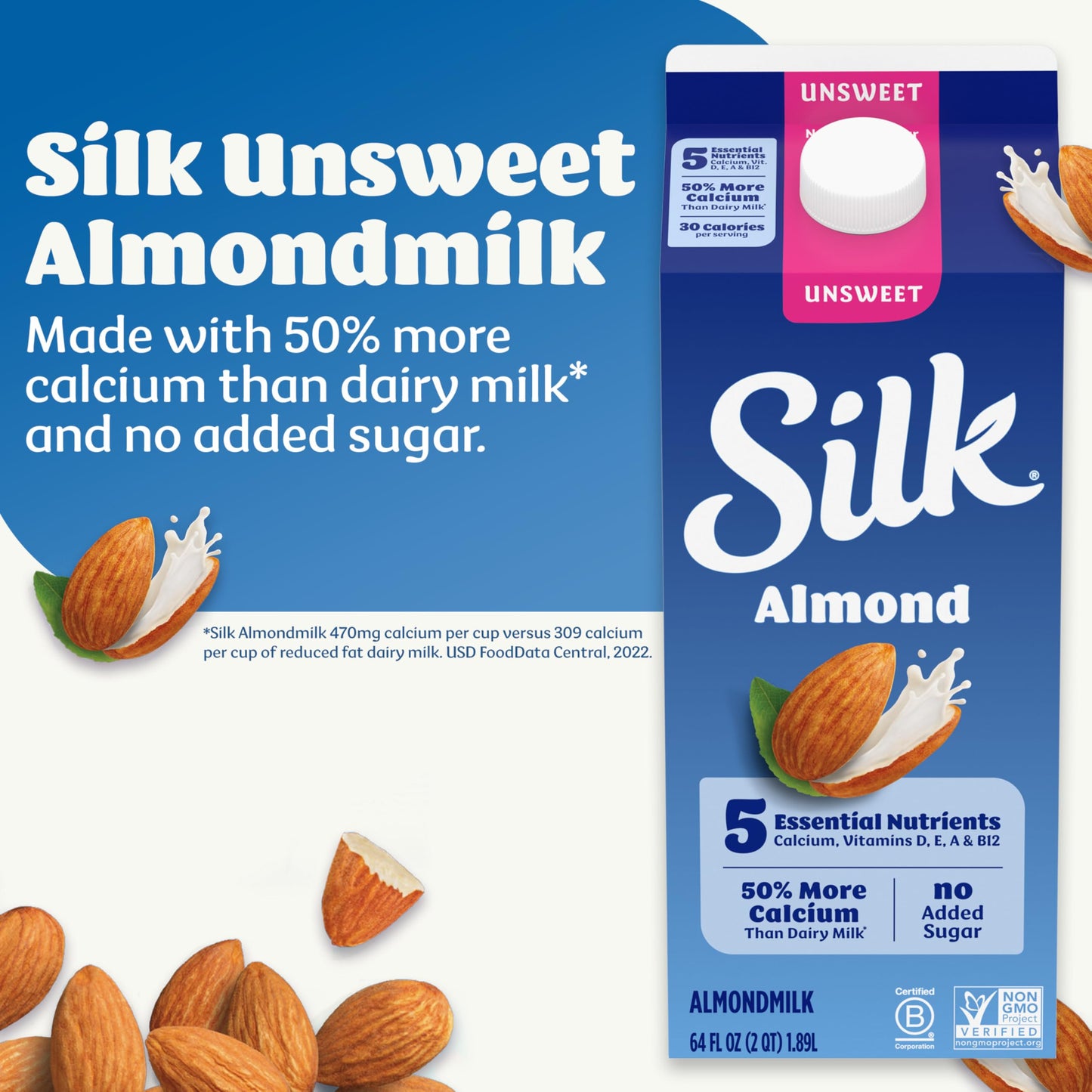 Silk Almond Milk, Unsweet, Dairy Free, Gluten Free, Seriously Creamy Vegan Milk with 50% More Calcium than Dairy Milk, 64 FL OZ Half Gallon