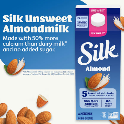 Silk Almond Milk, Unsweet, Dairy Free, Gluten Free, Seriously Creamy Vegan Milk with 50% More Calcium than Dairy Milk, 64 FL OZ Half Gallon