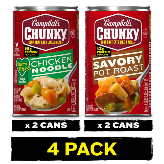 Campbell's Chunky 4 pack Soup Bundle: (2) Chunky Healthy Request Chicken Noodle Soup 18.6 oz, (2) Chunky Savory Pot Roast 18.8 oz