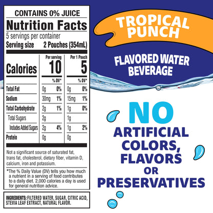 Capri Sun Roarin' Waters Tropical Punch Flavored with other natural flavor Water Beverage, 10 ct Box, 6 fl oz Drink Pouches