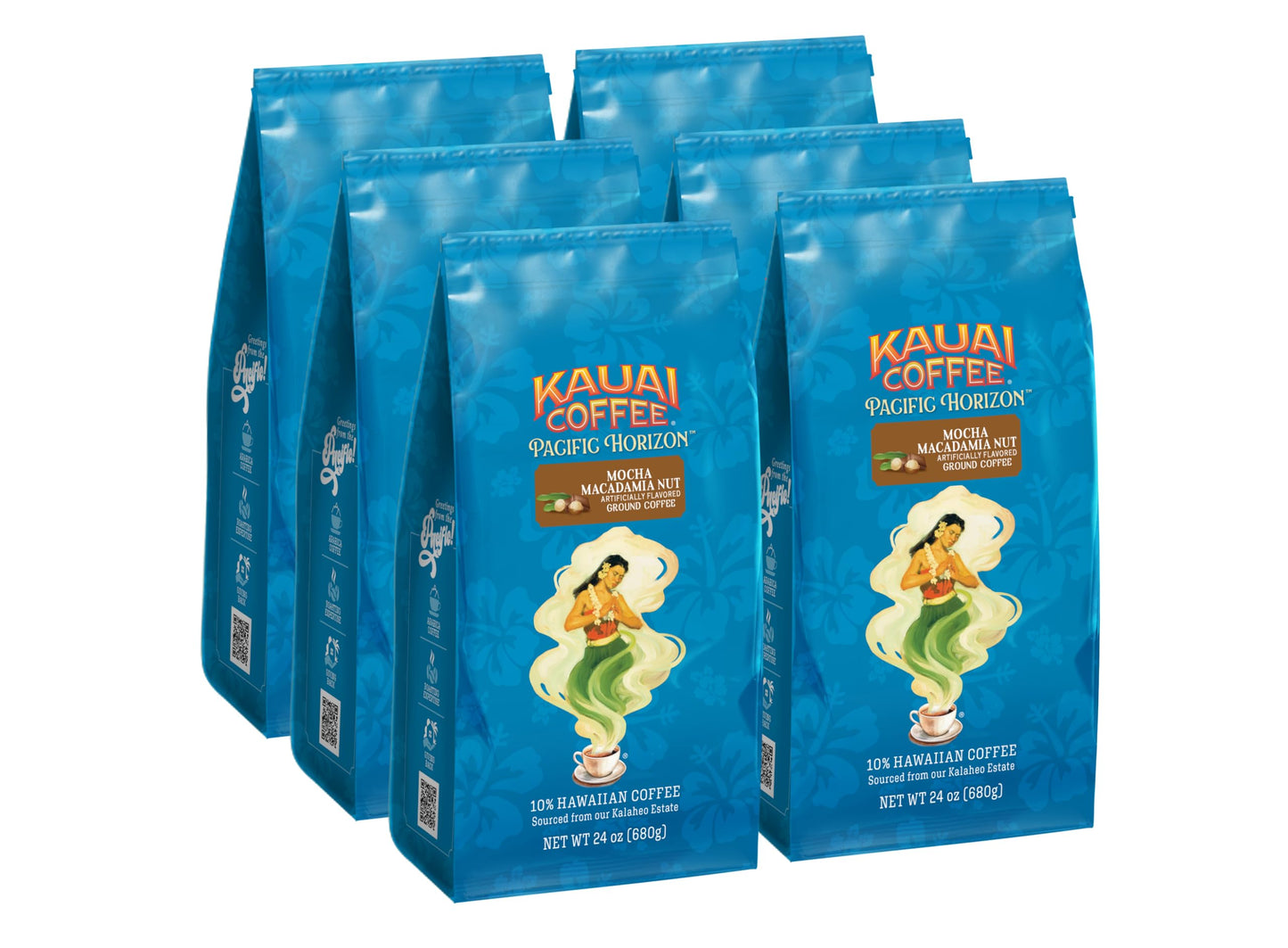 Kauai Coffee Ground Coffee – Smooth, Rich, Medium Roast – Chocolate Flavor and Nutty Aroma – Arabica Coffee, 10% Hawaiian with No Bitterness – Mocha Macadamia Nut, 6 Packs of 24oz
