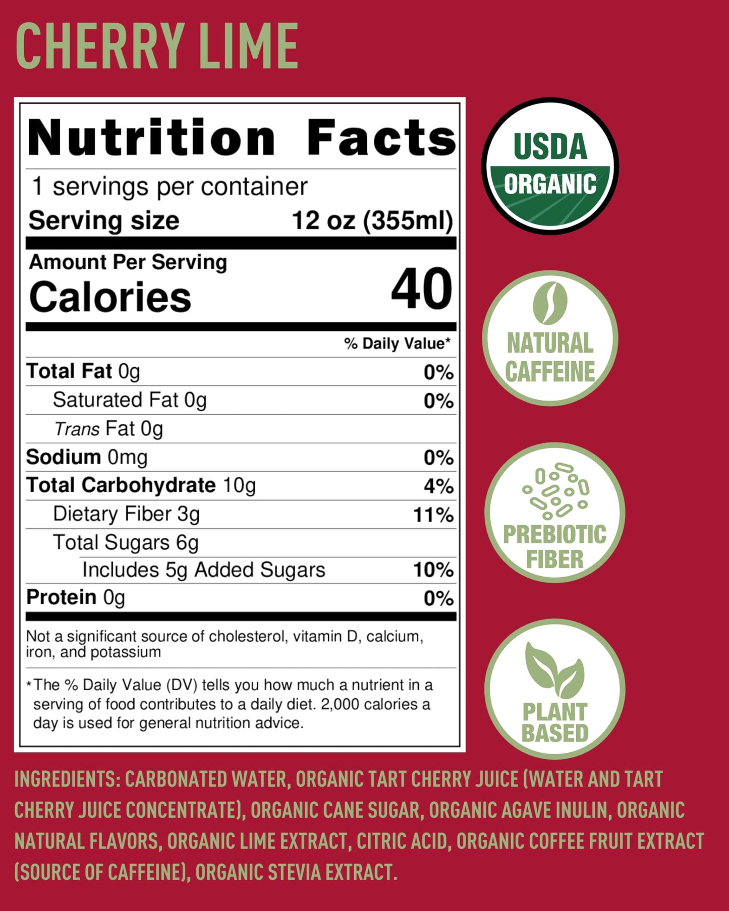 Organic Energy Drink, Trailblazin’ Cherry Lime, 80mg Natural Caffeine, 3g Prebiotic Fiber, 12oz Can, Powered by Coffee Fruit, Organic, Low Calorie, Outdoor Adventure Fuel (Pack of 12)