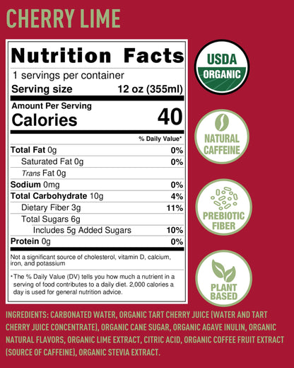 Organic Energy Drink, Trailblazin’ Cherry Lime, 80mg Natural Caffeine, 3g Prebiotic Fiber, 12oz Can, Powered by Coffee Fruit, Organic, Low Calorie, Outdoor Adventure Fuel (Pack of 12)