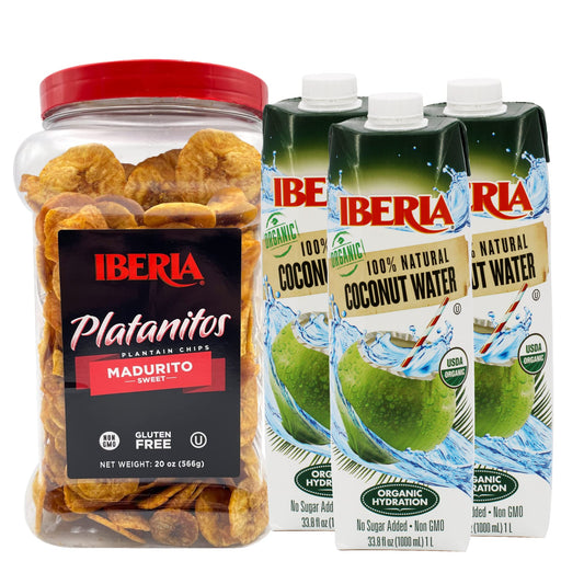 Iberia Organic Coconut Water, 1 Liter (Pack of 3) and Iberia Naturally Sweet Plantain Chips, 1.75 lb.