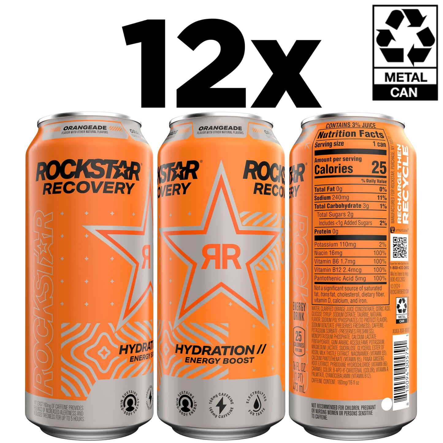 Rockstar Energy Drink with Caffeine Taurine and Electrolytes,Recovery Orange,16 Fl Oz,(Pack of 24)