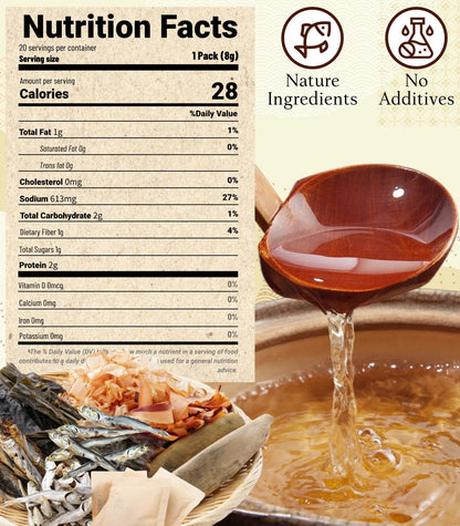 Japanese Dashi Powder - Bonito & Kombu, Instant Soup Stock Granules, Dashi Broth for Miso Soup, Ramen, Pho, Udon & Hot Pot, No MSG Added, Ingredients from Japan, 8g x 20 Packs (5.6OZ)
