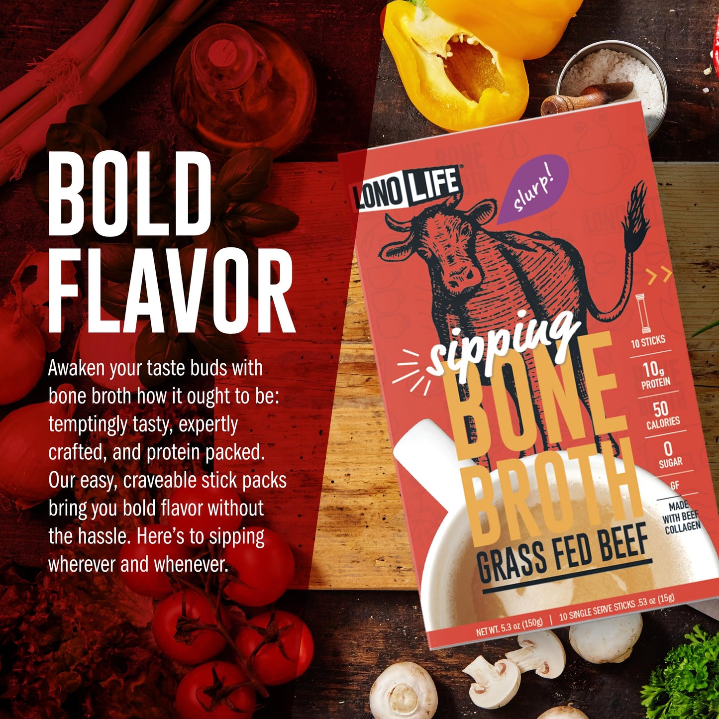 LonoLife Beef Bone Broth Powder Mix | Grass-Fed, 10g Protein | Collagen-Rich, Keto & Paleo Friendly | Natural Ingredients | 10 Portable Stick Pack Servings
