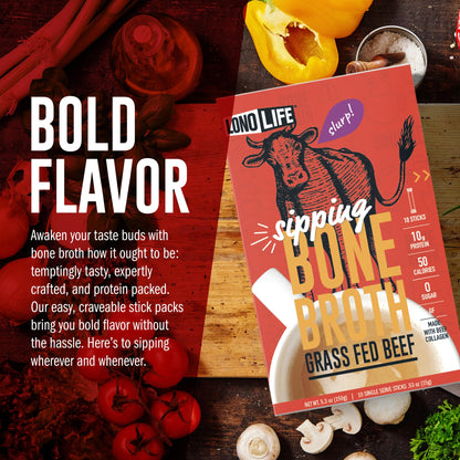 LonoLife Beef Bone Broth Powder Mix | Grass-Fed, 10g Protein | Collagen-Rich, Keto & Paleo Friendly | Natural Ingredients | 10 Portable Stick Pack Servings