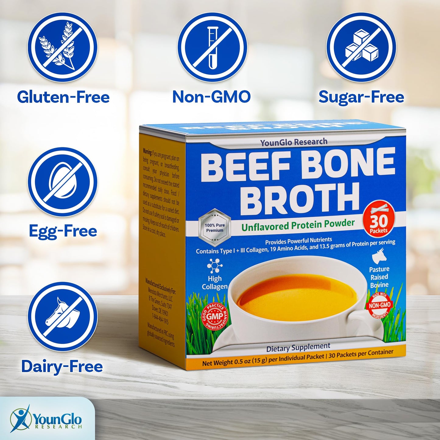 Bone Broth Beef Protein Powder - 15g Travel Sticks, Unflavored, 30 Packets w/Individual Wrapper Sticks - High Collagen & Gelatin from Grass-Fed Bovine for Paleo & Keto Diets