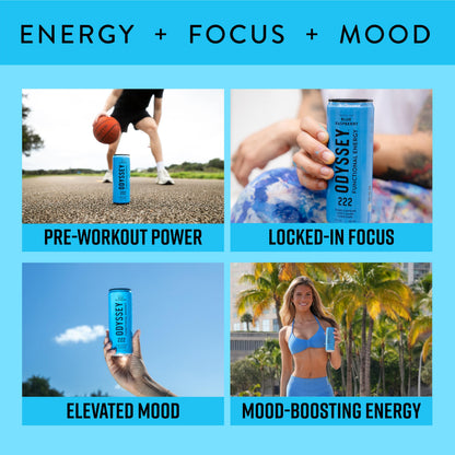 Odyssey Functional Energy Drink for Focus, Cognition & Mood Support 12 Pack - Adaptopgenic Drink with 222mg Green Tea Caffeine, Lion’s Mane, Cordyceps, L-Theanine & Ginseng - Sparkling Blue Raspberry