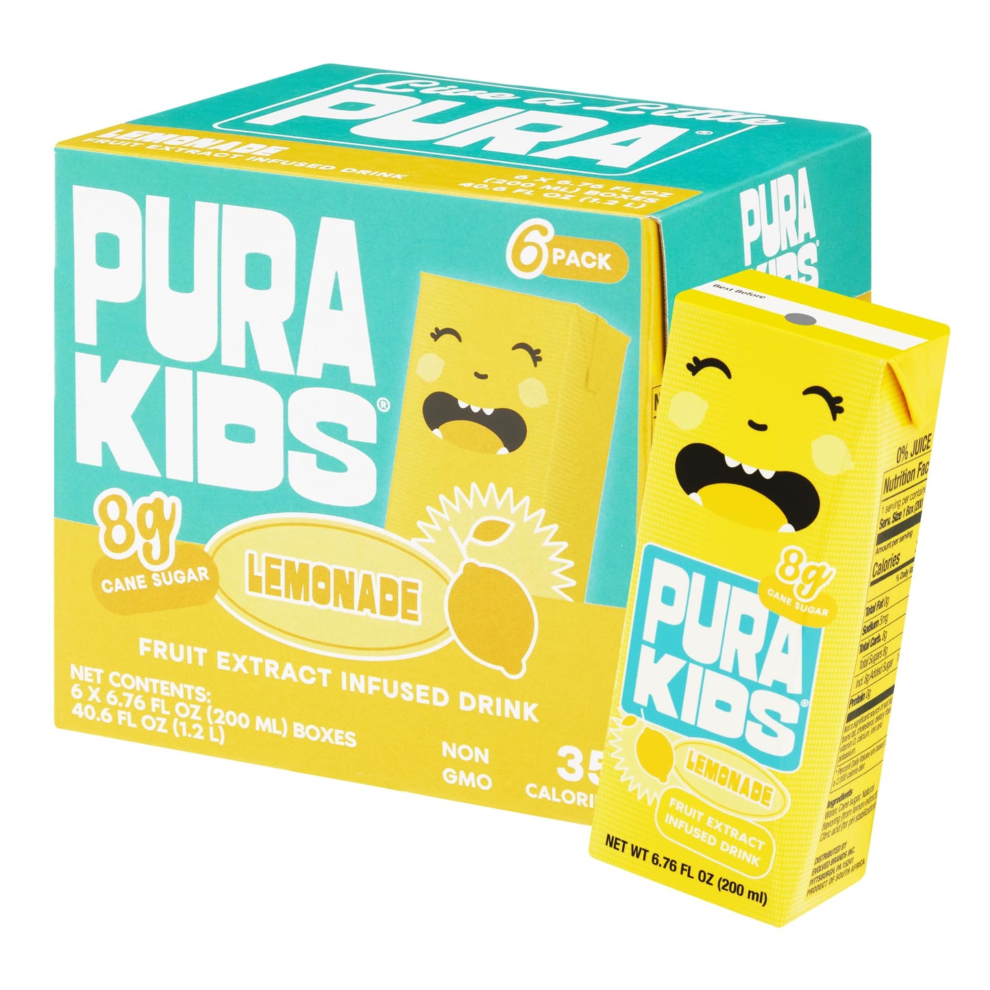 PURA Kids Box | Lemonade Fruit extract infused Drink for kids | 8g Pure Cane Sugar | Non-GMO | Vegan, No Artificial Sweeteners | Best Lunchbox Beverage with Paper Straw | 6.76 fl oz (200ml), Pack of 6