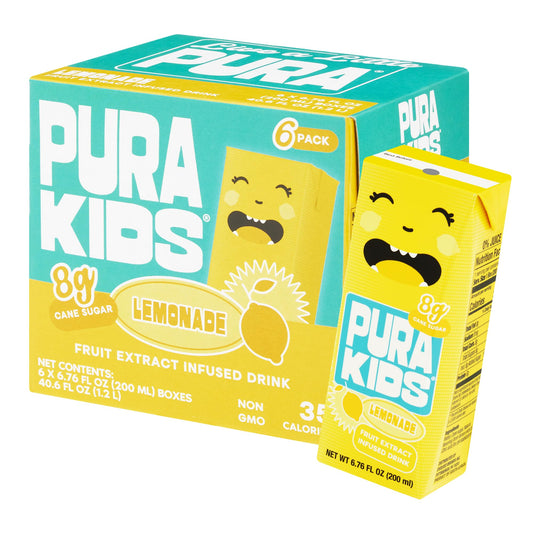 PURA Kids Box | Lemonade Fruit extract infused Drink for kids | 8g Pure Cane Sugar | Non-GMO | Vegan, No Artificial Sweeteners | Best Lunchbox Beverage with Paper Straw | 6.76 fl oz (200ml), Pack of 6