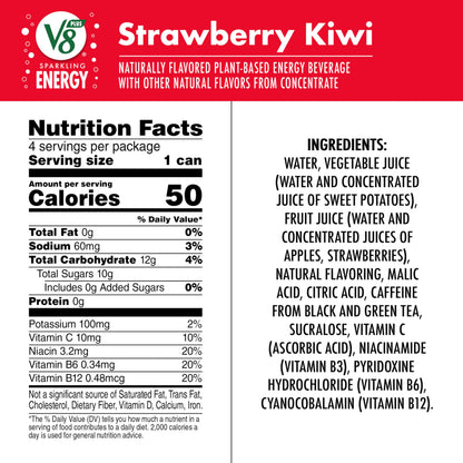 V8 +Energy Strawberry Kiwi Can | Sparkling | Juice Energy Drink | 11.5 fl oz | Pack of 16