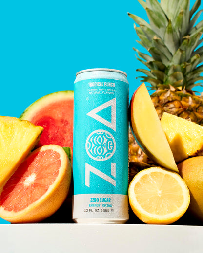 ZOA Zero Sugar Energy Drink Variety Pack, Sugar Free with Electrolytes, Healthy Vitamin C, Amino Acids, Essential B-Vitamins, and Caffeine from Green Tea, 18 12 oz cans, White Peach, Tropical Punch, Frosted Grape