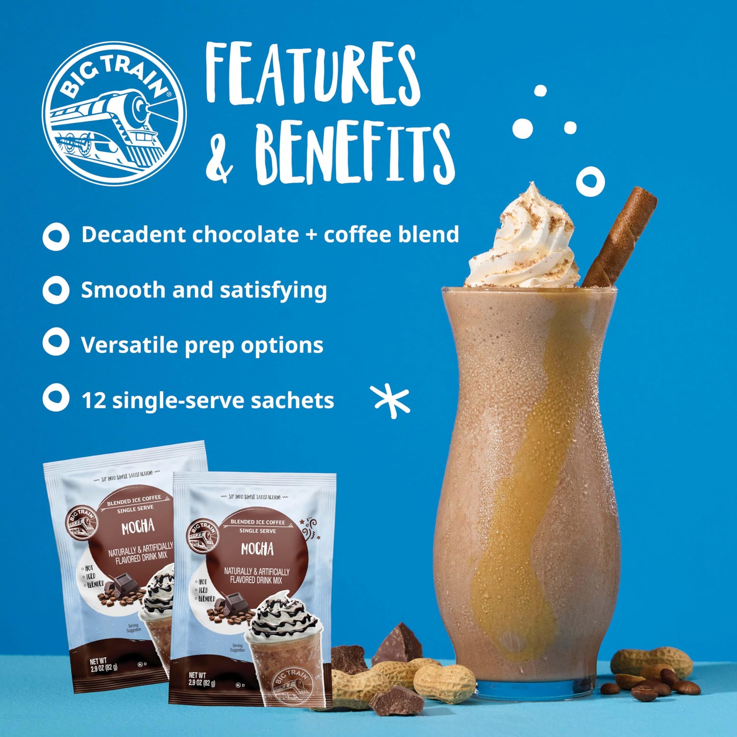 Big Train Mocha Blended Iced Coffee Beverage Mix, 2.9 oz Packets (Pack of 12)