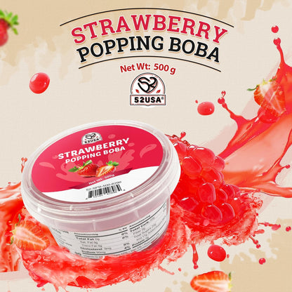 52USA Strawberry Popping Boba 500g (Pack of 3), Bursting Boba Pearls for Bubble Tea, Beverages, Sweets, Ice Cream, Shakes, Desserts & Smoothies Topping, boba party kit 1.1 Pound