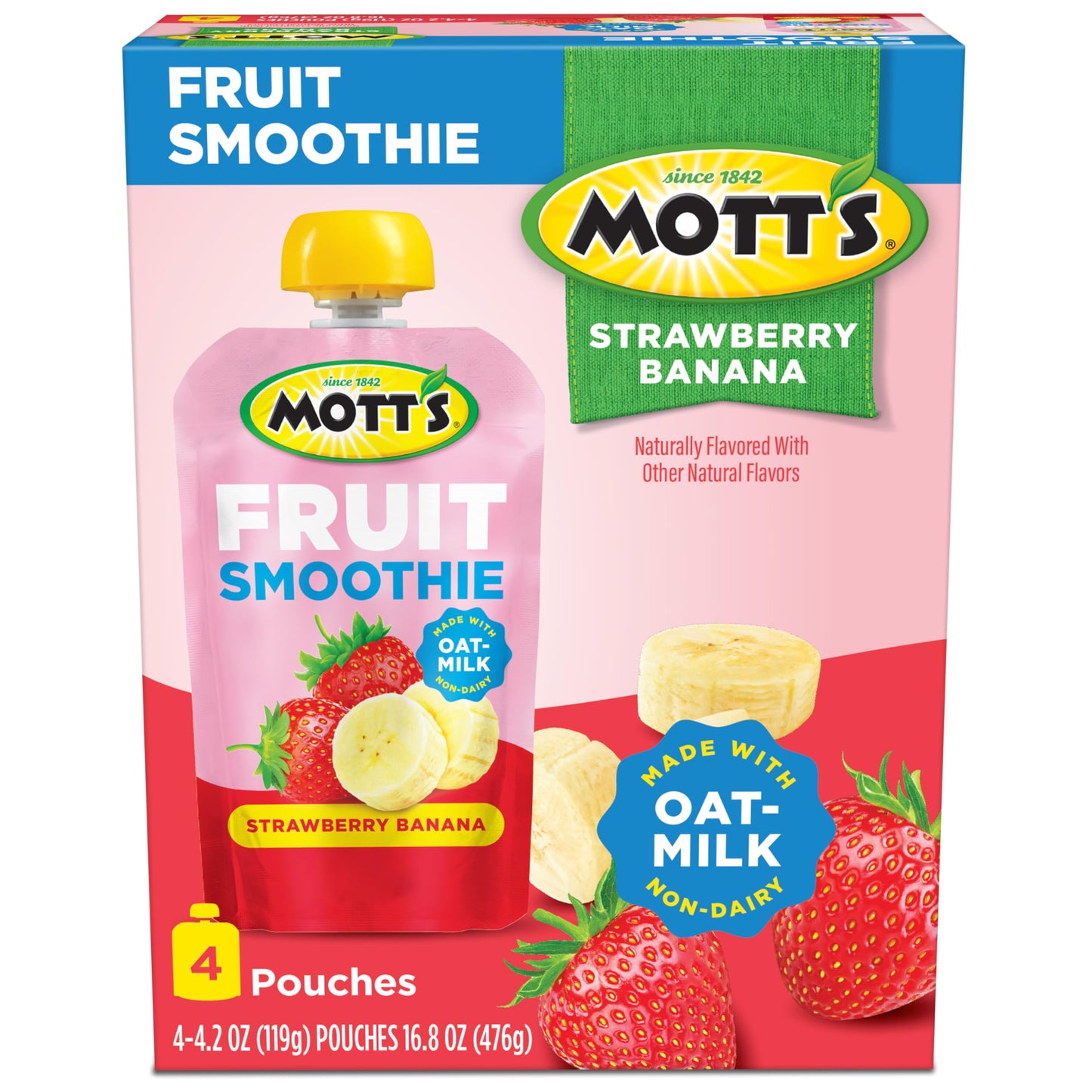 Mott’s Fruit Smoothies Strawberry Banana, 4.2 oz clear pouches, 4 Pack, Non-dairy, Made With Oatmilk, Made With Real Fruit, Good Source of Calcium, On-the-Go