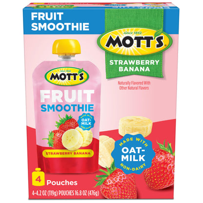 Mott’s Fruit Smoothies Strawberry Banana, 4.2 oz clear pouches, 4 Pack, Non-dairy, Made With Oatmilk, Made With Real Fruit, Good Source of Calcium, On-the-Go