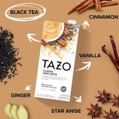 TAZO Classic Chai Latte, Black Tea Concentrate, Easy-to-Serve Caffeinated Chai Tea for Everyday Lattes, Mocktails and Hot or Iced, 32 oz Carton