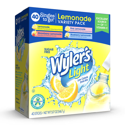 Wyler's Light Singles to Go Powder Packets, Water Drink Mix, 40 count Variety Pack, Pink, Strawberry & Blueberry Lemonade, Sugar & Caffeine Free, On-The-Go,(Pack of 1), Pack of 4