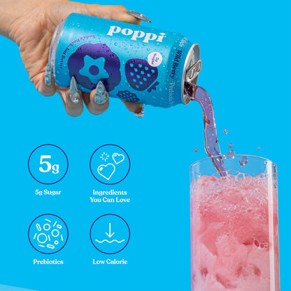 Poppi Sparkling Prebiotic Soda Beverage with Apple Cider Vinegar, Seltzer Water and Fruit Juice, Wild Berry Flavor, 12 oz, Pack of 12, Packaging May Vary.