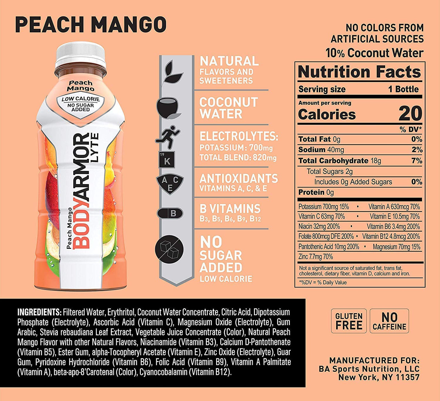 BODYARMOR LYTE Sports Drink Low-Calorie Sports Beverage, Peach Mango, Natural Flavors With Vitamins, Potassium-Packed Electrolytes, No Preservatives, Perfect For Athletes, 16 Fl Oz