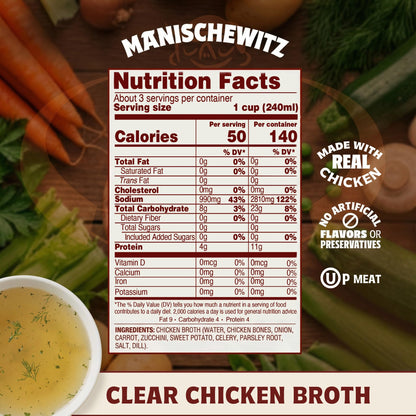 Manischewitz Clear Chicken Broth, 24 oz (2 Pack) | Authentic Homemade Taste Chicken Stock | NO Artificial Flavors, Preservatives | Premium Soup Base | Ready to Serve