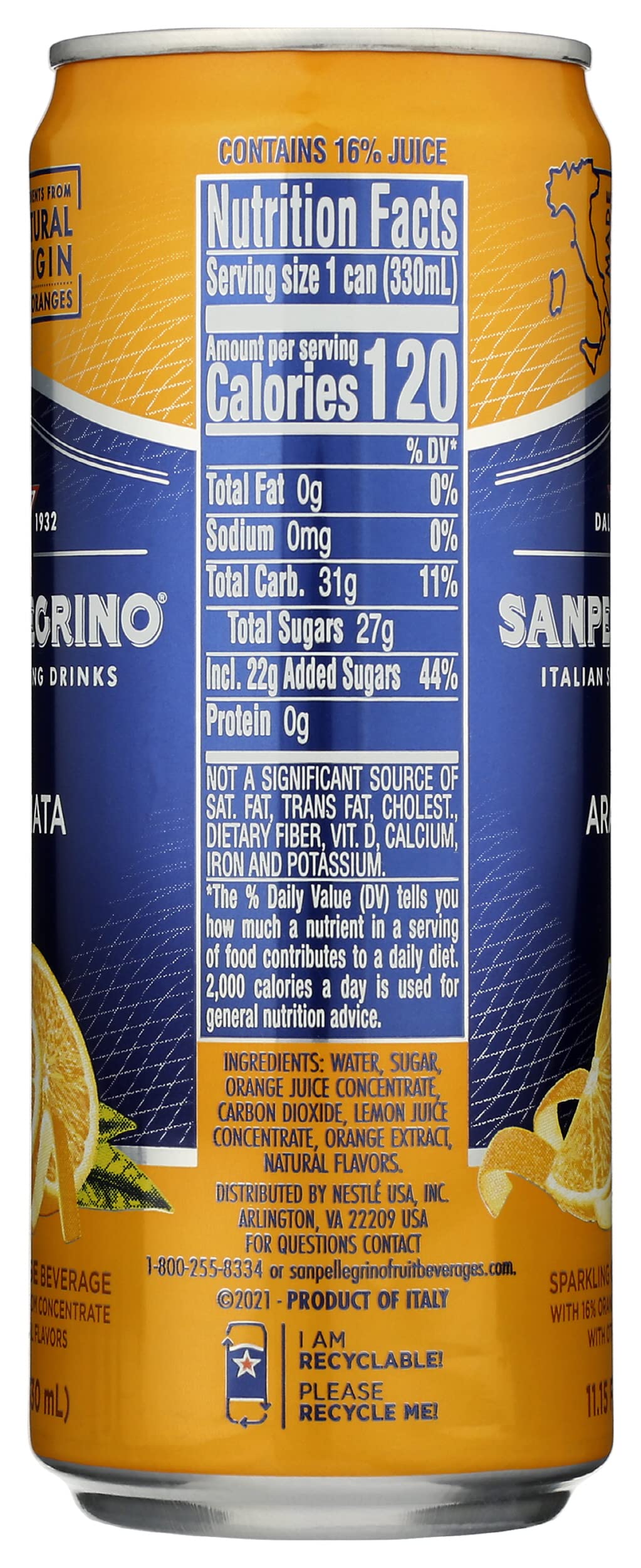 San Pellegrino, Aranciata, 11.15 fl oz, skinny can