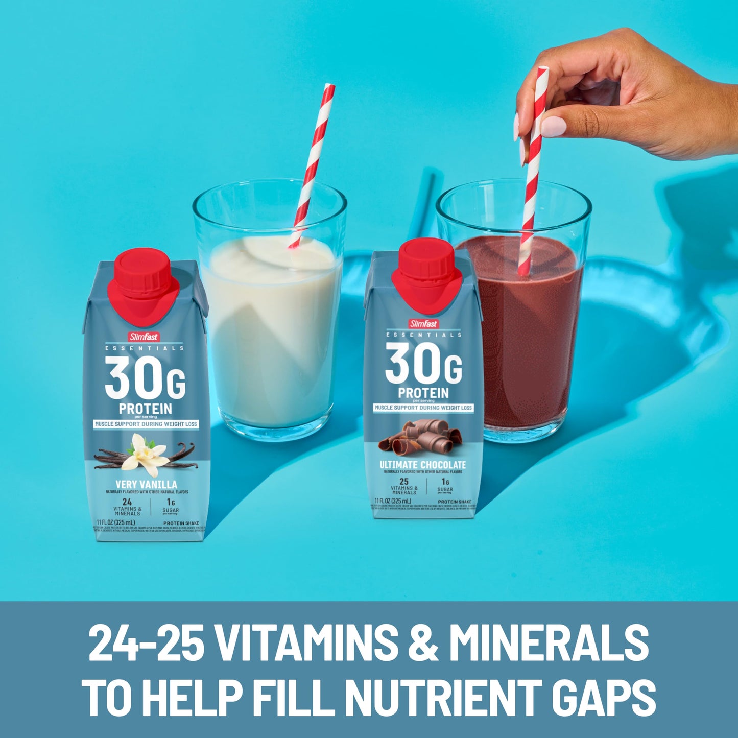SlimFast Essentials 30g Protein Shake Chocolate, Protein Shakes Ready to Drink, Muscle Support, 1g Sugar, 25 Vitamins and Minerals, 3g Net Carbs, Ultimate Chocolate, 12 Count