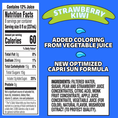 Capri Sun Strawberry Kiwi Flavored Juice Drink Blend from concentrate with other natural flavors, 64 oz Bottle